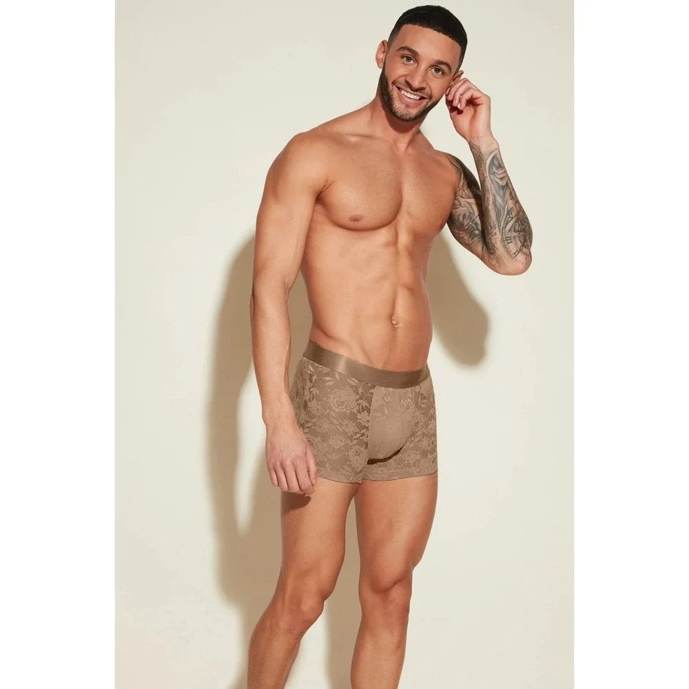 Cosabella Mens Never Say Never Lace Boxer Briefs Tan Brown Sheer Underwear